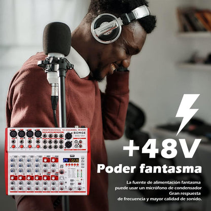 BOMGE 12-Input soundboard Mixer met Mic Preamps en Compressoren, 24DSP, bluetooth, 48V Power, Britse EQ en USB/Audio Interface voor opname, karaoke en podcast. (12M-12 kanaal)
