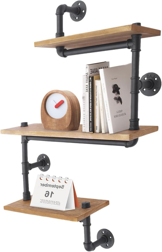 OUKANING Wall Shelf with 3 Levels, Wooden Wall Decoration, Vintage Size: 40 x 20 cm, Plate Thickness 20 mm, Hanging Shelf, Industrial Bookcase, Gift - QUORE