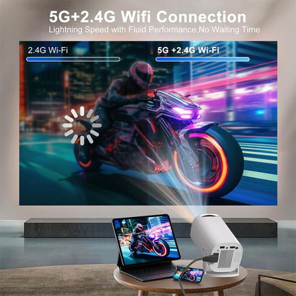 Mini-beamer, smart projector Full HD 1080P, kleine beamer, thuisbioscoop met wifi 6 en Bluetooth 5.2, ondersteunt automatische trapeziumcorrectie, 180 graden draaibaar, compatibel met HDMI/tv-stick