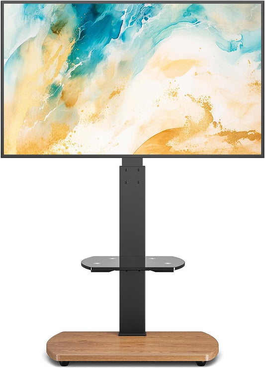 TTAP TV-standaard voor 32-65 inch tv's met eiken voet en enkel glazen plank/met draaibare en in hoogte verstelbare montagebeugel (OAK)