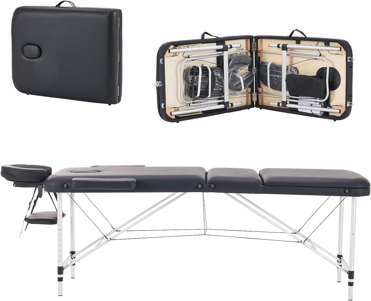 Massagetafel – Behandeltafel – Massagebed – Tattootafel – Esthetische Tafel – Zwart – Opvouwbaar En Draagbaar – Verstelbaar In 3 Delen Met Aluminiumlegering En 5 Cm Schuimvulling