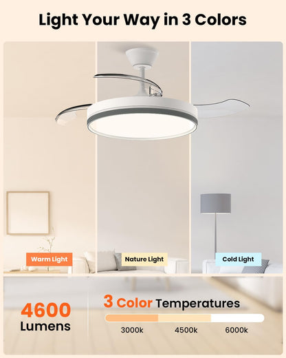 Airwit Intrekbare plafondventilator met verlichting en afstandsbediening, lamp met 3 kleurtemperaturen, stille plafondventilator met licht, DC-motor voor woonkamer, slaapkamer