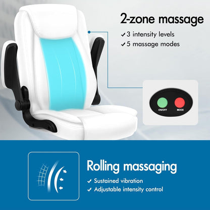 ALFORDSON Massage Bureaustoel, Ergonomische Computerstoel met Armleuning, Kunstleren Bureaustoel, Draagvermogen 150 kg, Rugleuning 90-135°, In Hoogte Verstelbaar, Wit