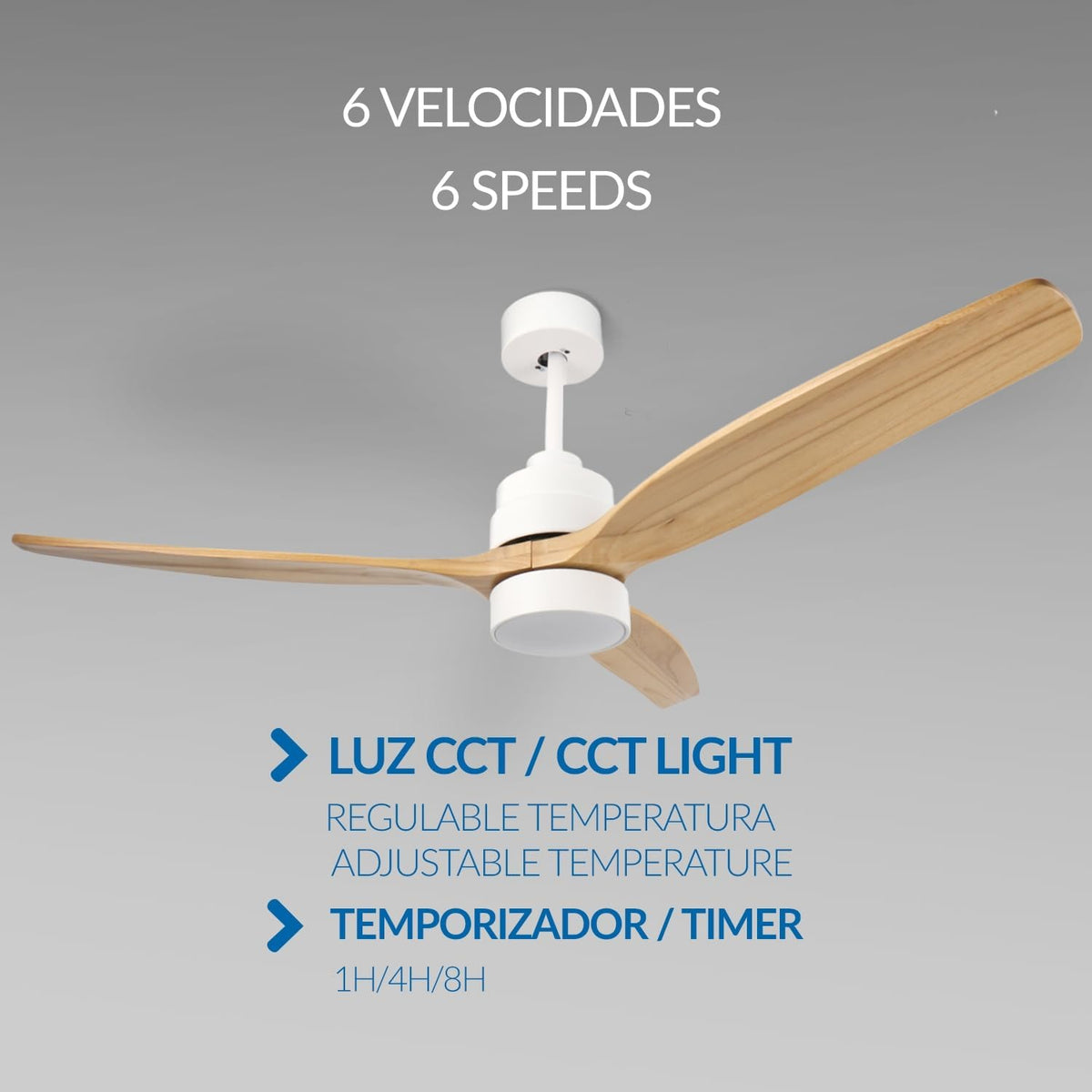 M mimotec Crazy Led-plafondventilator, 53 W, wit, afstandsbediening, motor DC 35 W + ledlicht 18 W, 6 snelheden, stil, 3 vleugels van natuurlijk hout, 132 cm, zomer-/winterfunctie, timer.