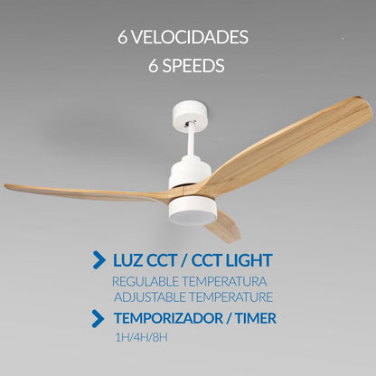 M mimotec Crazy Led-plafondventilator, 53 W, wit, afstandsbediening, motor DC 35 W + ledlicht 18 W, 6 snelheden, stil, 3 vleugels van natuurlijk hout, 132 cm, zomer-/winterfunctie, timer.