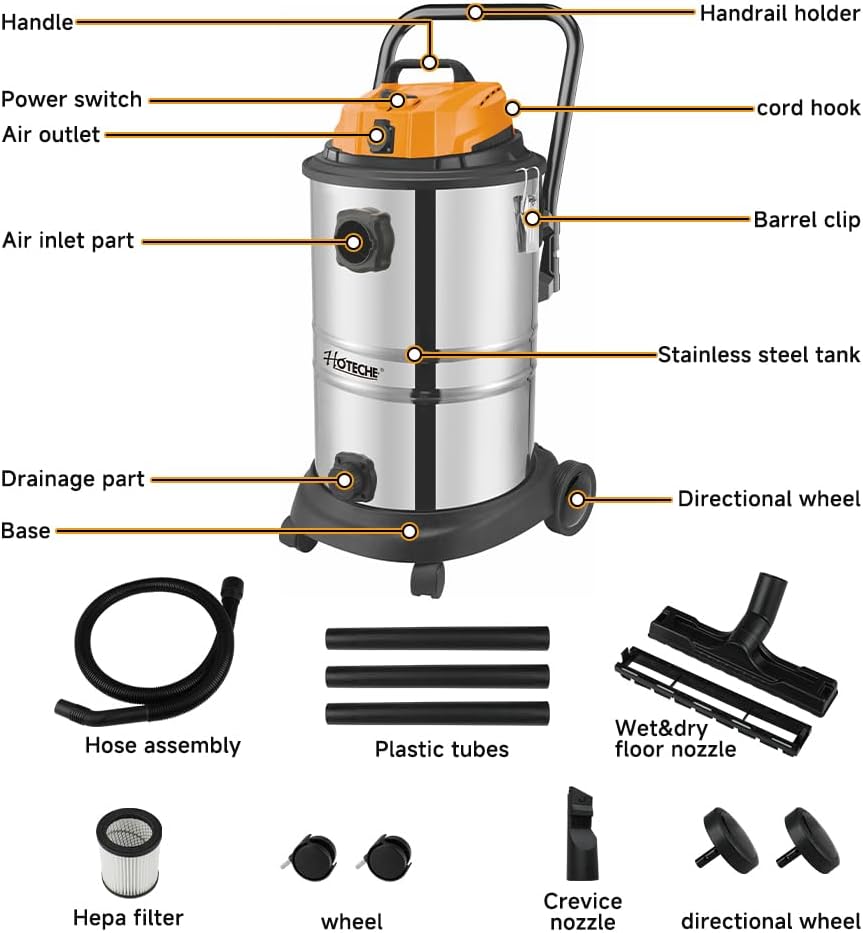 Hoteche 1200 W nat-droogzuiger, 40 l metalen reservoir, 1,4 m³/min luchtstroom, 15 kPa zuigkracht, met blaasfunctie, ideaal voor werkplaats, familie en bouwplaats