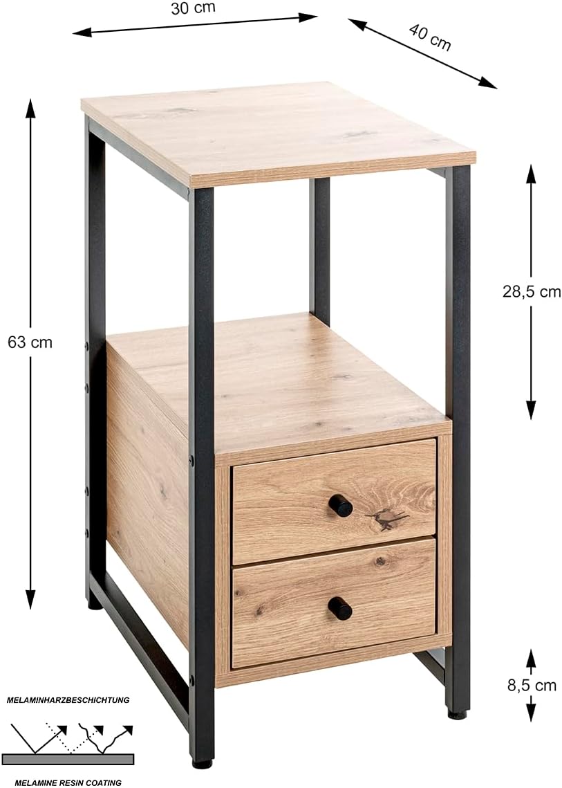 HAKU Bijzettafel eiken, zwart, Metaal, spaanplaat - Maat: B 30 cm x H 63 cm x D 40 cm, Stijl: Modern