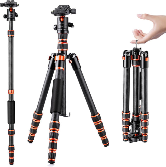 K&F Concept Camera Statief,Lichtgewicht Carbon Reisstatief, Compacte Fotografie Statief met Monopod, 360° Balhoofd en Vrijgaveplaat voor DSLR Camera voor DSLR-camera C225C0+BH-25 (BA225)
