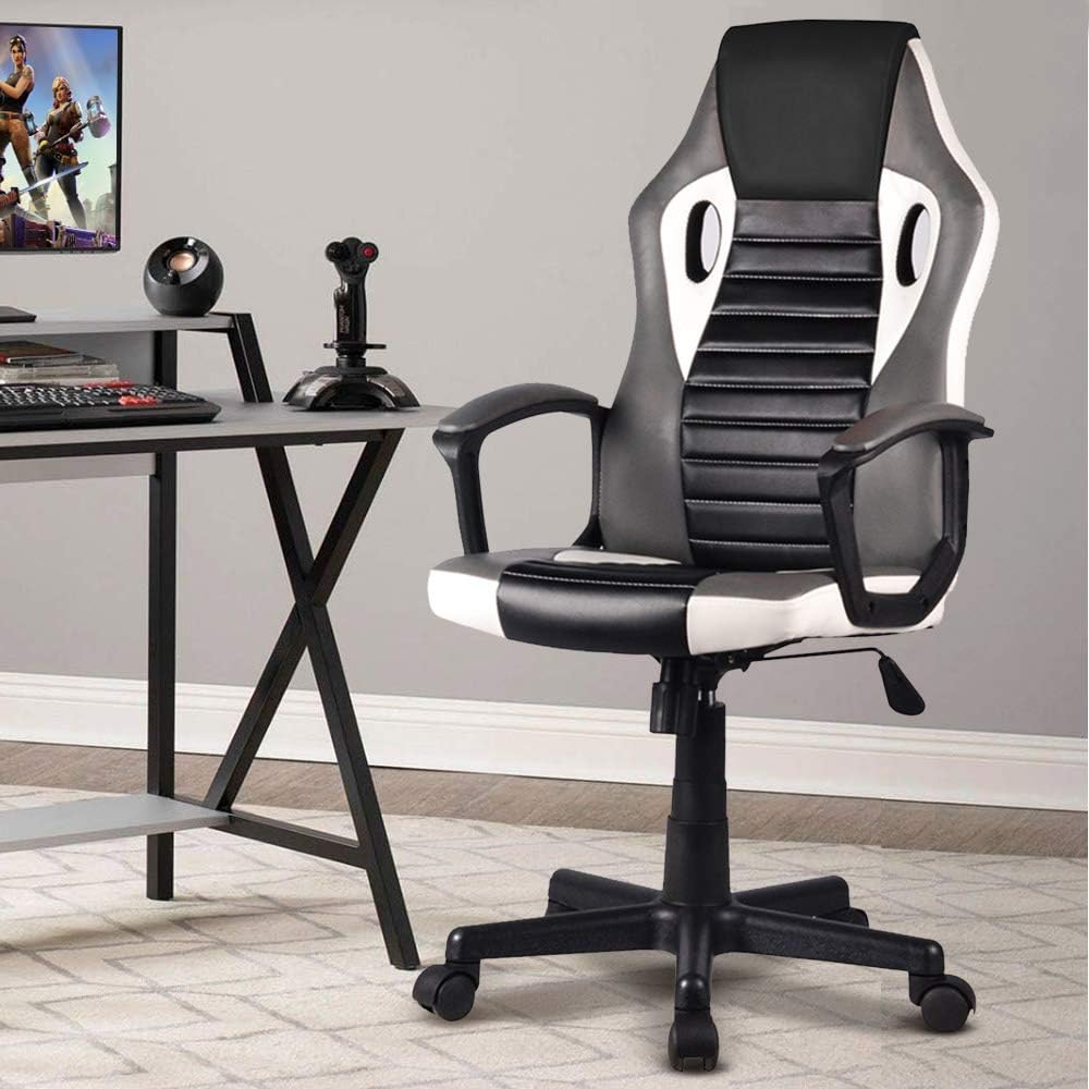 BAKAJI Ergonomische managersstoel, gamingstoel, racingstoel, kunstleer, inrichting voor kantoor, thuis, kinderkamer, vergaderruimte, in hoogte verstelbaar, draaibaar en draaibaar (grijs)
