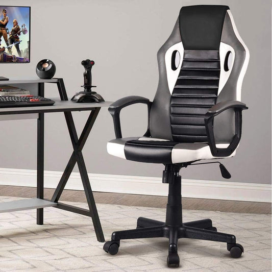 BAKAJI Ergonomische managersstoel, gamingstoel, racingstoel, kunstleer, inrichting voor kantoor, thuis, kinderkamer, vergaderruimte, in hoogte verstelbaar, draaibaar en draaibaar (grijs)