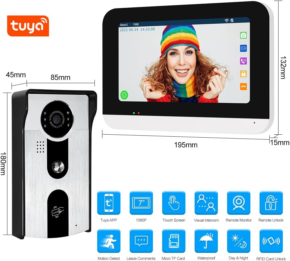 7 ''TFT LCD Bedrade Video Intercom Systeem WiFi Indoor Monitor HD 1080P Outdoor Camera Tuya Bewegingsdetectie Nachtzicht 2-Weg Audio 12 stks Keyfobs Inbegrepen