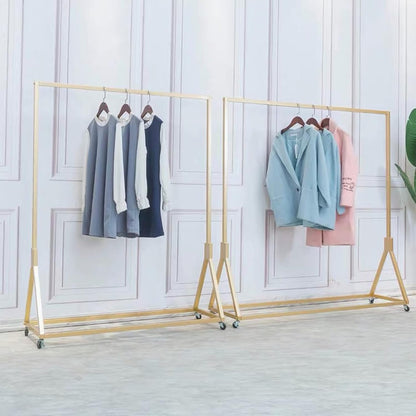 Kledingwinkel Moderne rollende kleding displaystandaards met wielen, opslag schoenentas pijpplank, organisatie kledingrek, thuiskleding hangende planken (goud zonder houten bord, 47,2 inch