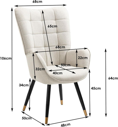 MEUBLE COSY Leunstoelen, scandinavische stoel lounge relaxstoel armleunstoel met beklede vergulde metalen poten, stof, beige, 66x50x110cm