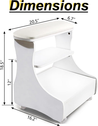Pedicure voetsteun met wielen Wit – Voetenbankje – Manicure voetensteun – Voetrust – Pedicurehulp – 3-laags ontwerp met opbergruimte – 4 zwenkwielen met rem