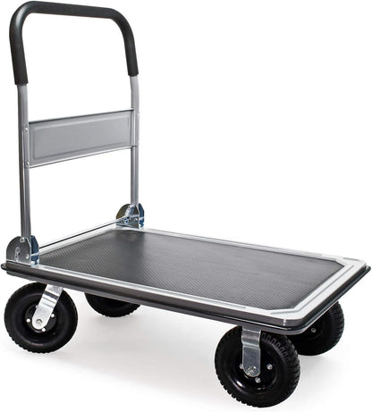 Wiltec Platform trolley up to 300 kg platform truck with robust pneumatic tyres and folding handle, flexible magazine trolley 89x61x98 cm with side protection and non-slip