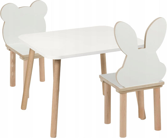 Kindertafel met 2 stoelen, set van 50 x 60 x 47 cm, van hout, beren- en konijnendesign, zitgroep kinderen, kinderkamermeubels