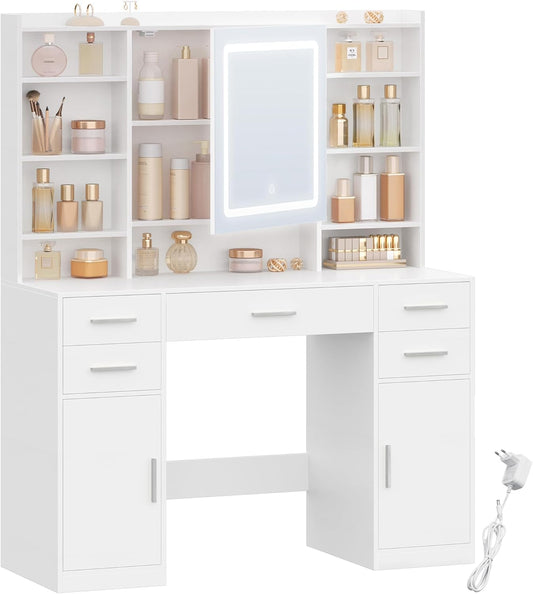 108cm Dressing Table with Mirror, Dressing Table with 3 Color LED Lighting, Makeup Desk with Hidden Shelves, 5 Drawers, 2 Cabinets and 9 Open Shelves, For Bedroom, White - QUORE