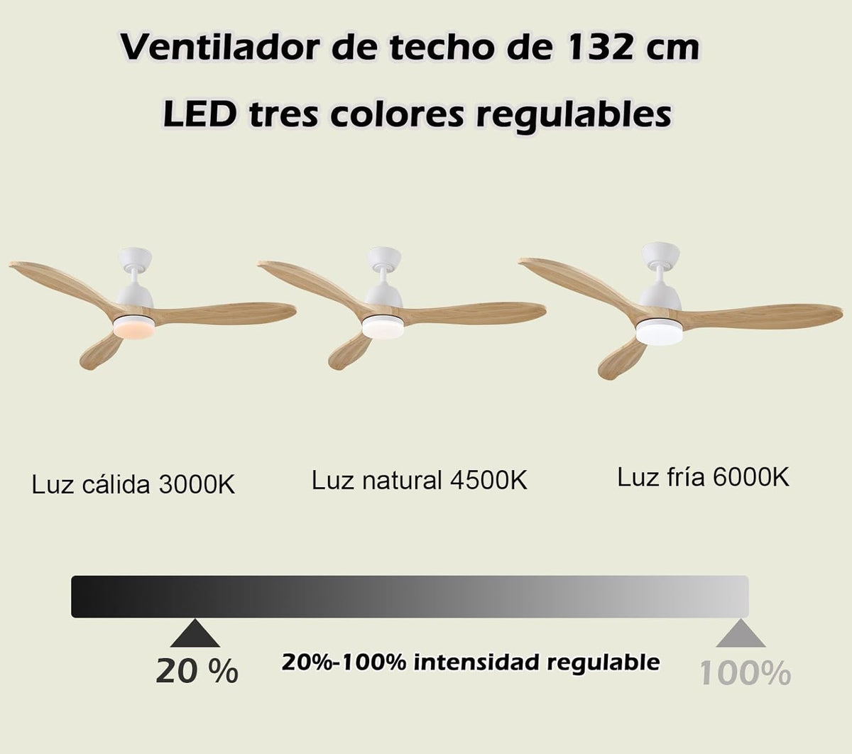 Plafondventilator met dimbaar ledlicht en afstandsbediening, stille DC-motor met 6 snelheden, 3 bladen van massief hout, 132 cm, 3 temperaturen, timer, ideaal voor woonkamer en slaapkamer