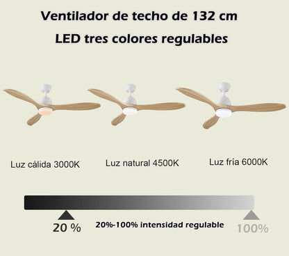 Plafondventilator met dimbaar ledlicht en afstandsbediening, stille DC-motor met 6 snelheden, 3 bladen van massief hout, 132 cm, 3 temperaturen, timer, ideaal voor woonkamer en slaapkamer