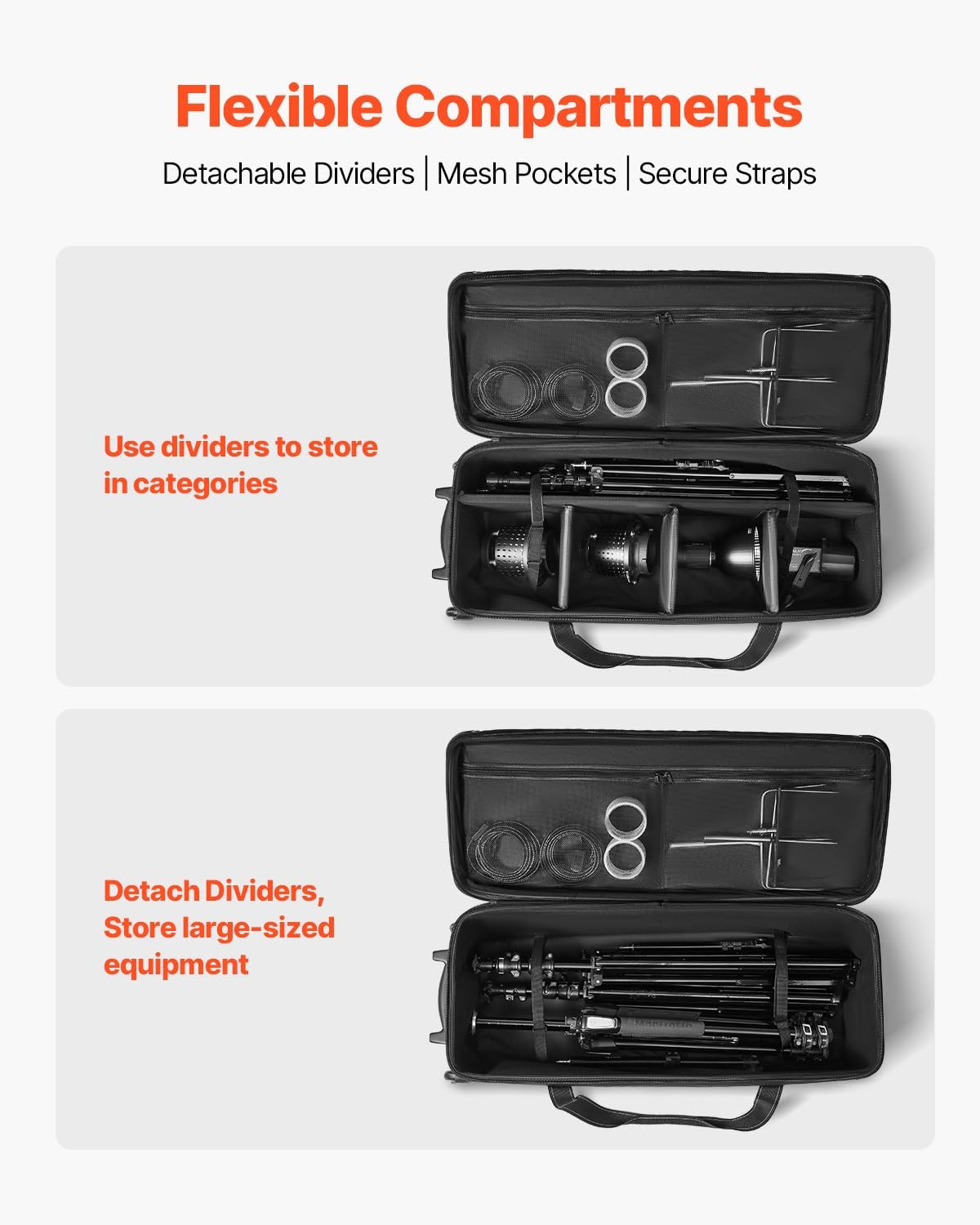 VEVOR Koffer met wieltjes voor studio-uitrusting, 100 x 38 x 32 cm, draagtas voor camera, met wielen, riemen, gevoerd vak, handvat, voor voetverlichting, statief, telescoop, Zwart, Studio-uitrusting
