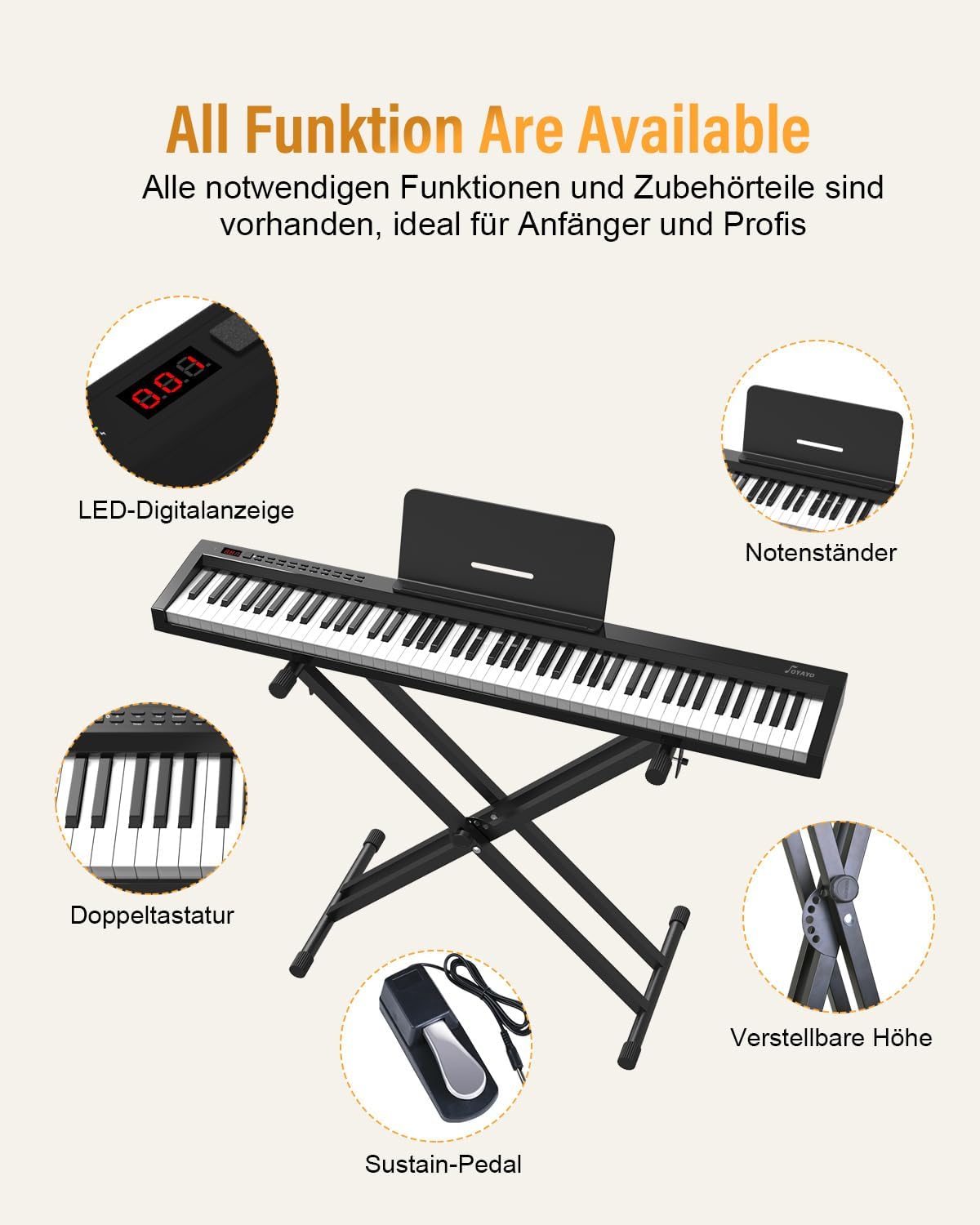 Digitale piano – Elektrische piano – Elektronisch toetsenbord – E-piano – Pianotoetsenbord – 88 halfgewogen toetsen – MIDI en Bluetooth