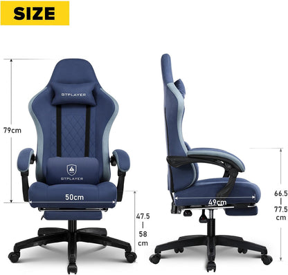 GTPLAYER Gaming Chair, Ergonomic Gaming Chair, Office Chair with Fabric Surface, Spring Seat Cushion, Connecting Armrests and Footrest, Blue - QUORE