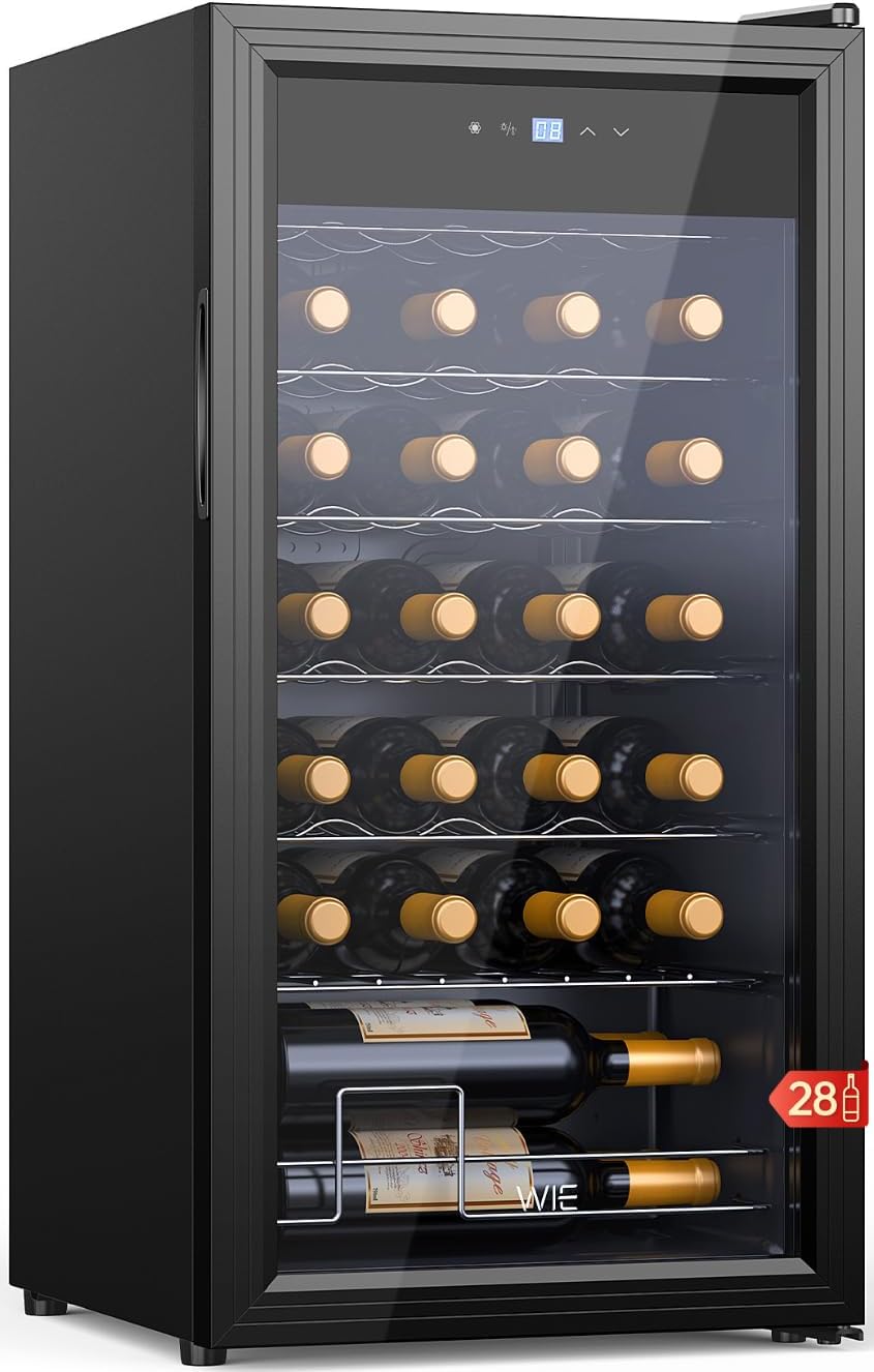 WIE Wijnkoelkast 82 liter 28 flessen 84 cm hoogte vrijstaand 5-18 °C Touch digitale temperatuurinstelling LED binnenverlichting