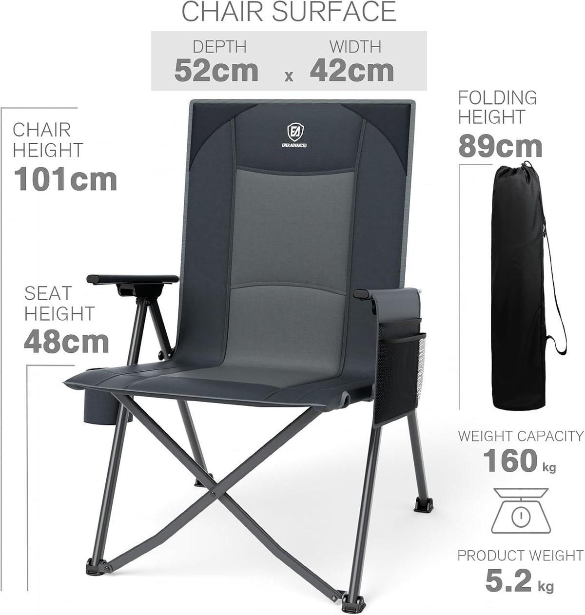 Campingstoel – Opvouwbare Stoel – Klapstoel – Vouwstoel – Tuinstoel – Verstelbare Rugleuning 4 Standen – Belastbaar tot 160 kg