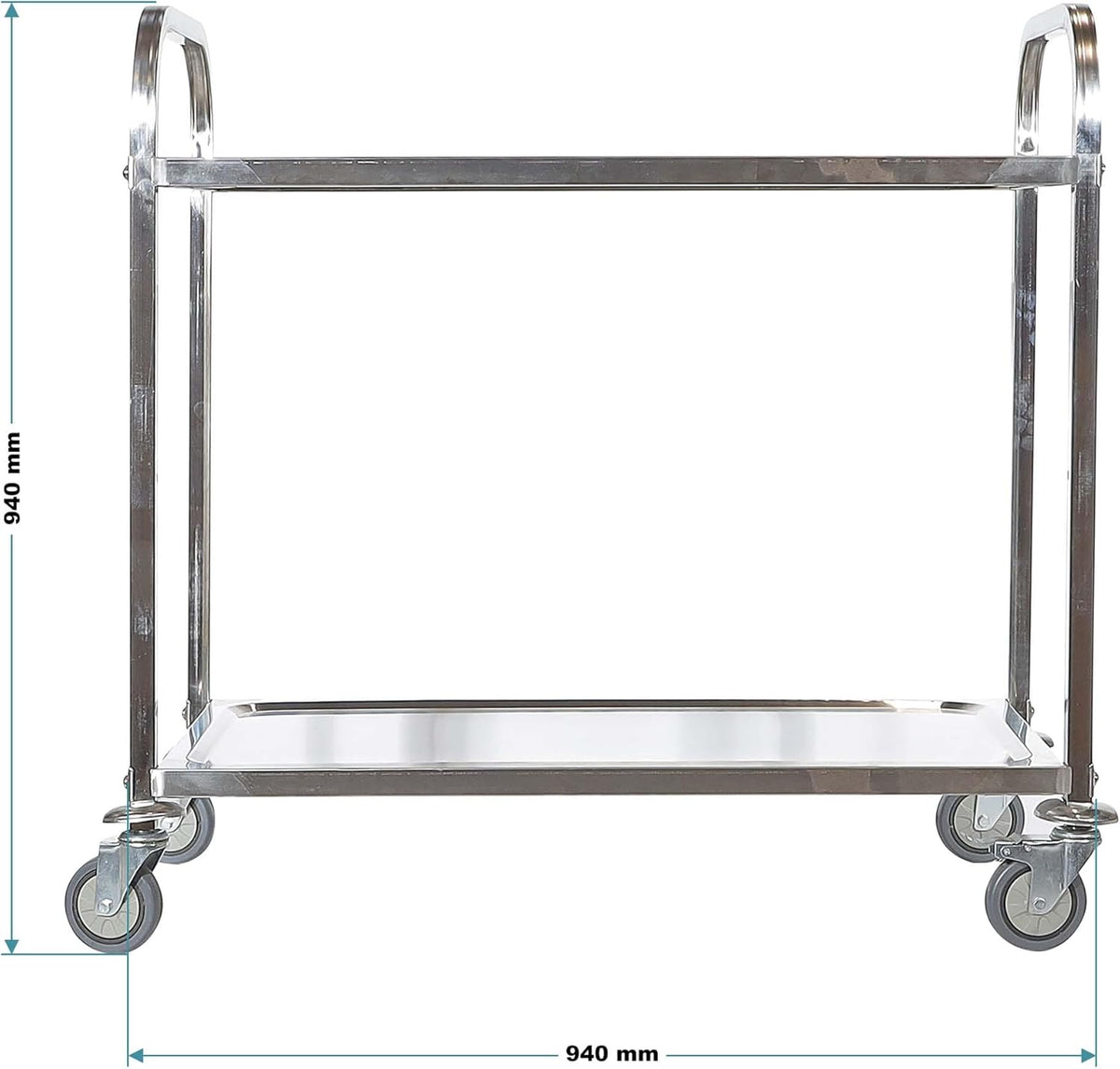 Serveerwagen 2 niveaus, roestvrij staal, tot 150 kg, keukentrolley, catering, horecawagen met remmen