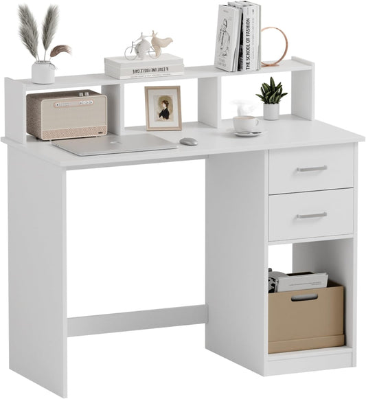 Mondeer Wit computerbureau met 2 laden en opbergplanken, 105 x 48 x 94 cm, laptop studeertafel voor kleine ruimte thuiskantoor werkstation