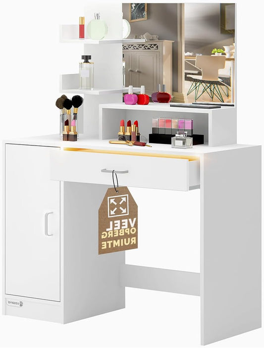 CASARIA Dressing Table Jocelyn 90x40x140 cm Mirror Cabinet Drawer 3 Shelves Bedroom Makeup Table Cosmetics Table Modern Wood White - QUORE