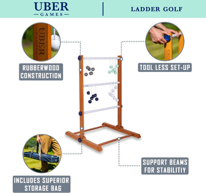 Uber Games Ladder Golfspeelset, hoogwaardig ladder-tuinspel van rubberhout, 12 bolas-ballen van echt goud, draagtas en opbergtas van zeildoek