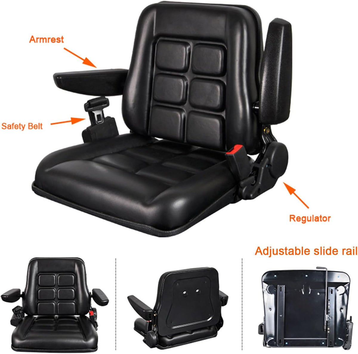 Universele verstelbare heftruck stoel met veiligheidsgordel en arm- en rugleuning, waterdichte pvc-maaierstoel, voor tractor graafmachines, vorkheftrucks en skid loader