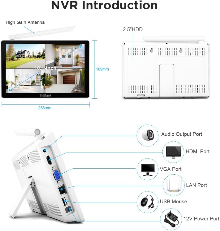 SriHome WiFi videobewakingsset, 4 camera's 5 MP, monitor 10,1 inch, nachtzicht, bewegingsdetectie, afstandsbediening