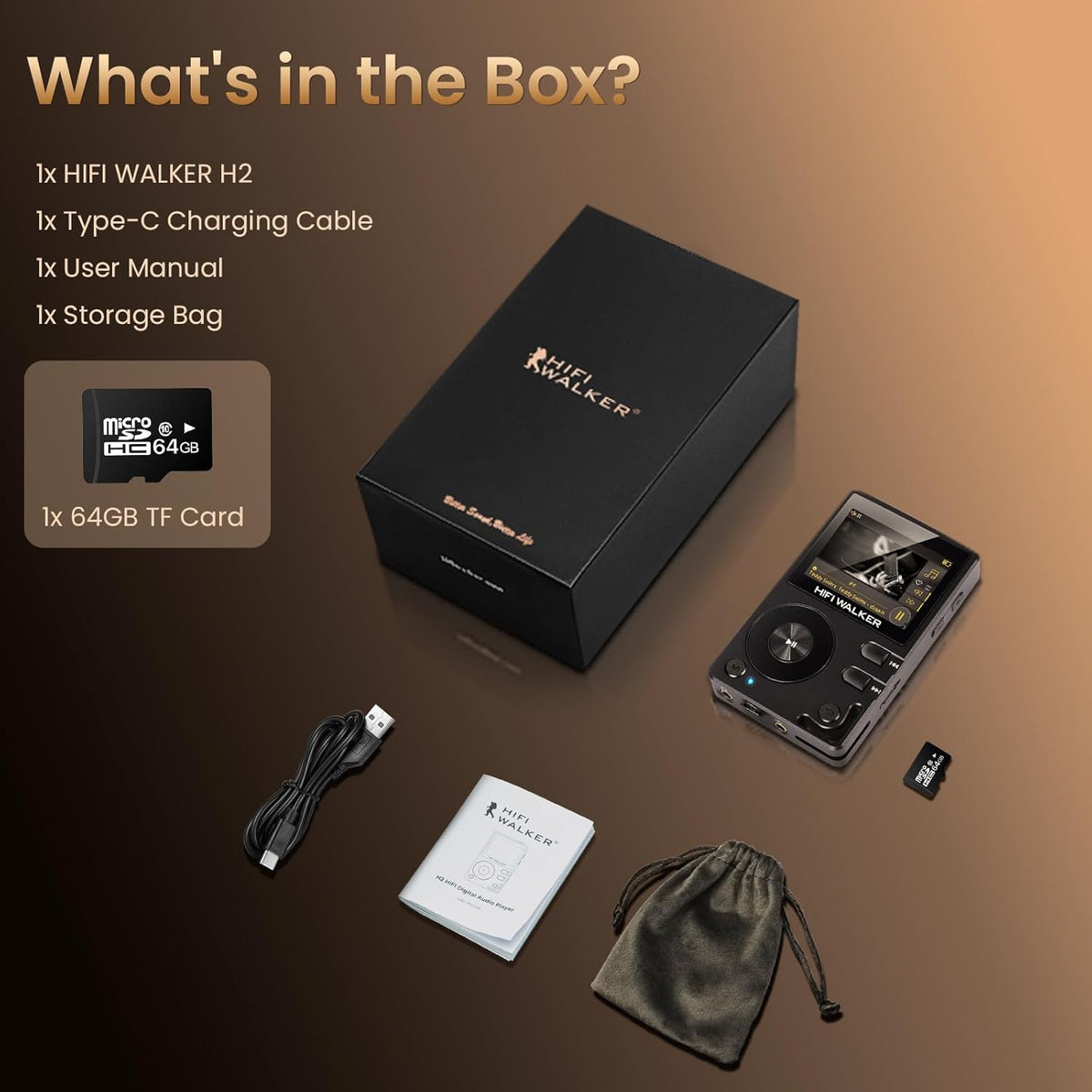 HIFI WALKER H2 MP3 Player with Bluetooth, DSD DAC Hi-Res FLAC Player, Lossless Music Player, Portable Digital Audio Player with 64GB Storage, Expandable Storage Up to 256GB - QUORE