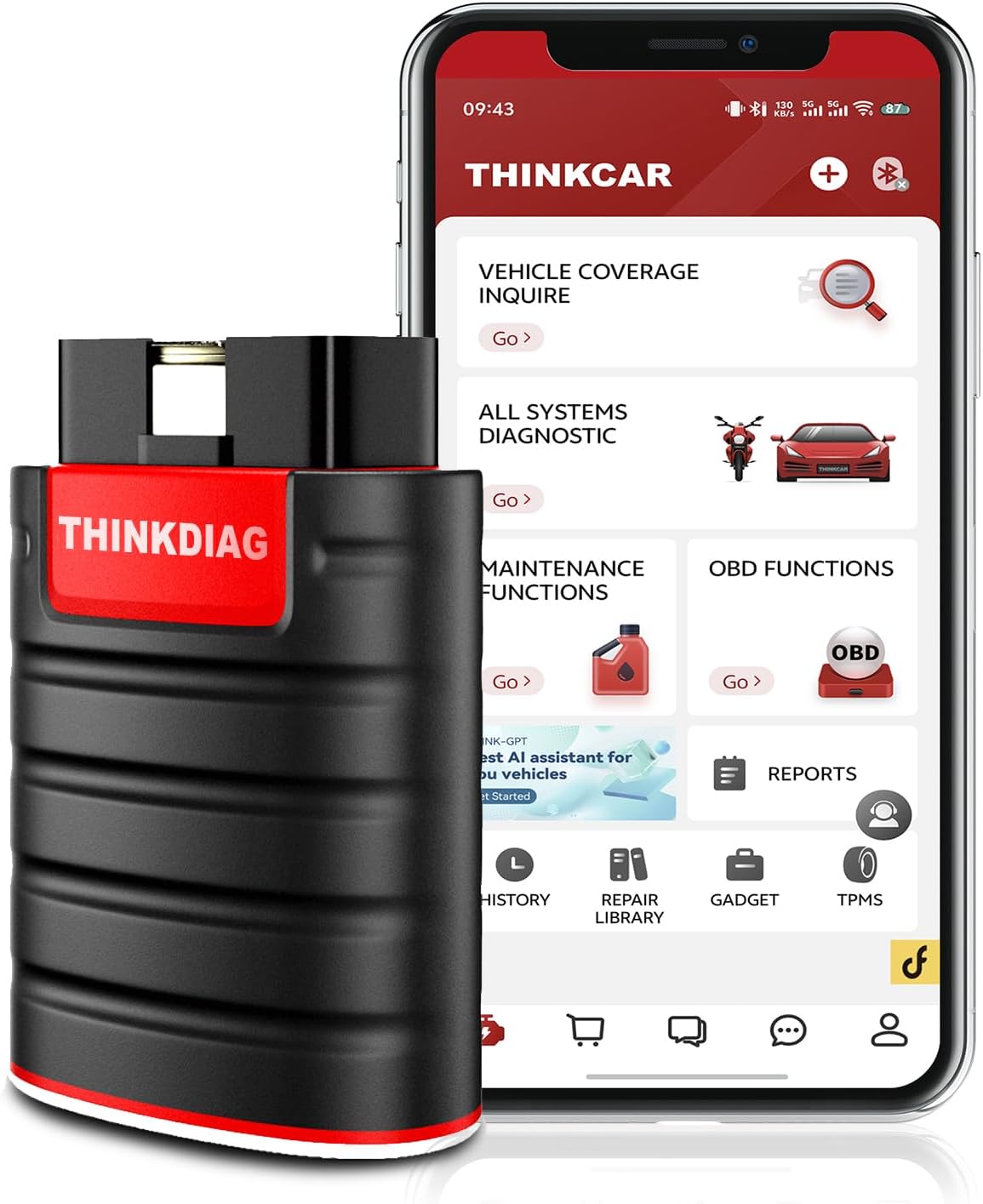thinkcar Thinkdiag Obd2-diagnoseapparaat, automotive foutcode-uitlezer voor volledige systemen, Obd2 Bluetooth-adapter met 16 reset-services, actieve test, ECU-codering, iOS- en Android-app.