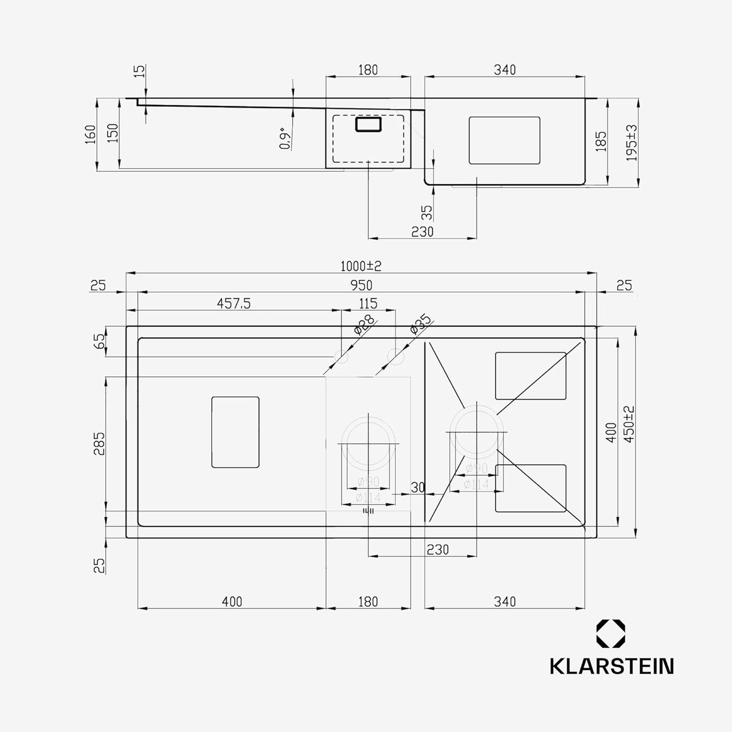 Klarstein - Keukenspoelbak van roestvrij staal, 100 x 45 cm - 1 wastafel met overloop en 2 wastafels - wastafelstop en filter inbegrepen - Robuust en gemakkelijk te reinigen