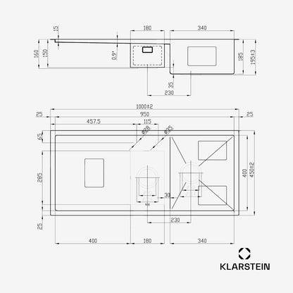 Klarstein - Keukenspoelbak van roestvrij staal, 100 x 45 cm - 1 wastafel met overloop en 2 wastafels - wastafelstop en filter inbegrepen - Robuust en gemakkelijk te reinigen