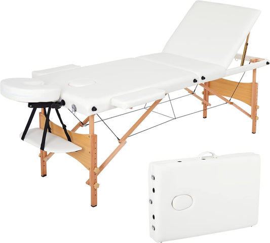 Opvouwbare Massagetafel – Behandelingstafel, Behandelbank, Massagebed, Therapietafel – 3-Delig, Wit – Verstelbare Hoogte 69-81 Cm – 7 Cm Fijncelschuim