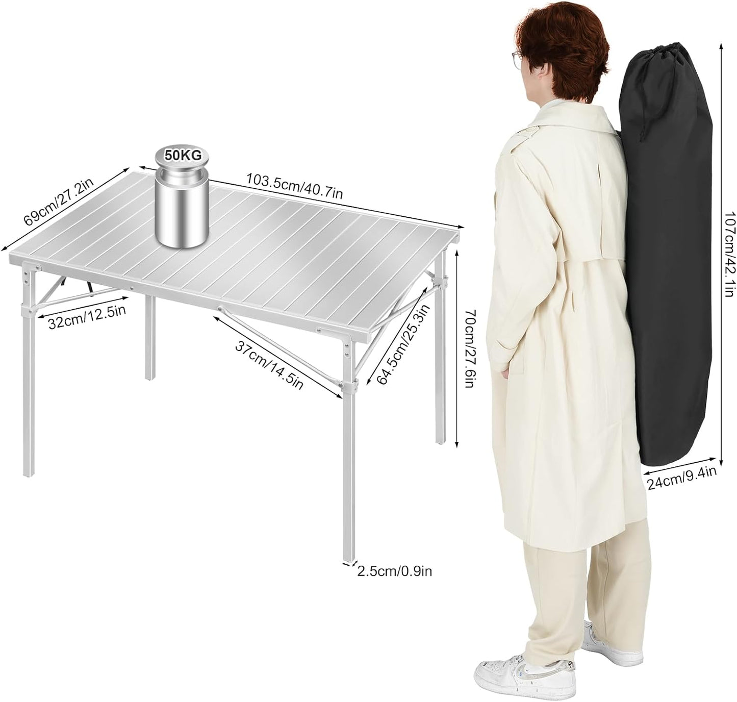 Campingtafel - Vouwtafel - Klaptafel - Draagbare - met Draagtas - voor Buiten - Binnen - Achtertuin - Tuin - Barbecue - Aluminium - 104 x 69 x 70cm - Zilver