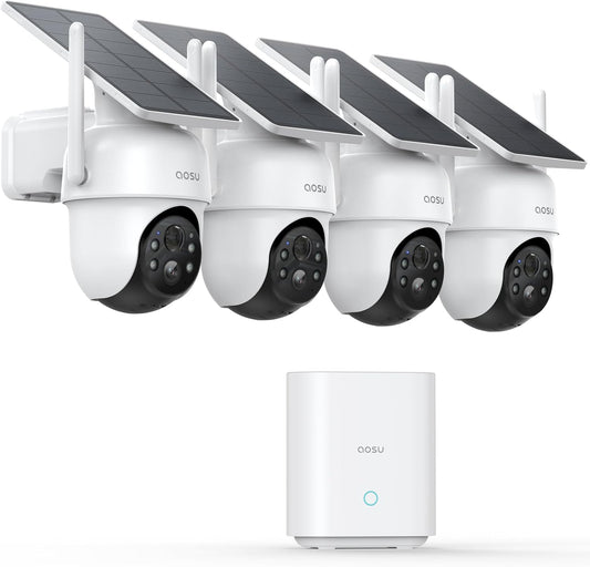 aosu 2K bewakingscamera, wifi, voor buiten, draadloos, 4 cam-set met aosuBase, zonder maandelijkse kosten, 360° PTZ automatische tracking, 3 MP zonnecamera, nachtzicht, alarm, 5 G/2,4 G