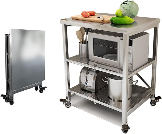 Werktafel Roestvrij Staal – Keukentrolley – Serveerwagen – Rolwagen – Magnetronrek – 3 Niveaus – Opvouwbaar Met 4 Zwenkwielen