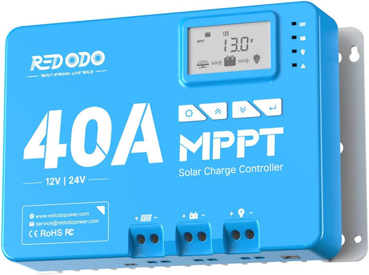 Redodo 40 Amp MPPT 12V/24V DC Input Solar Laadregelaar met ingebouwde Bluetooth-module, parameter verstelbare LCD-scherm LED-indicatoren