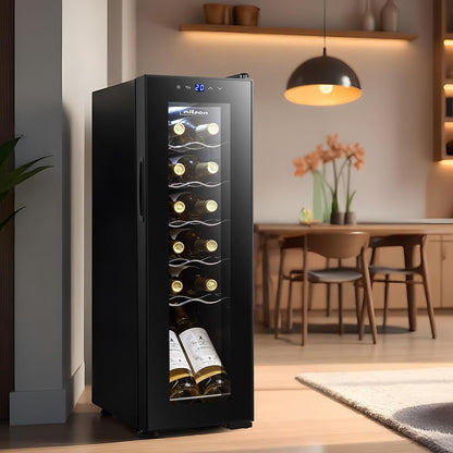 Nilson NVN1200S Wijnkast, 12 flessen, zwart, 44 dB, geluidsniveau, enkele temperatuurzone, digitaal display, led-binnenverlichting, glazen deur, opening, energie-efficiëntieklasse G