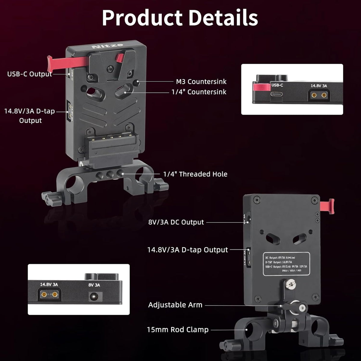 Nitze V-Mount Batterijplaat met 15 mm Staafklem en Verstelbare Arm, V Montageplaat 8V/3A DC, 14.8V/3A D-tap en PD 3.0 USB-C-Uitgangspoorten V Mount Battey Adapter - N21-D7B