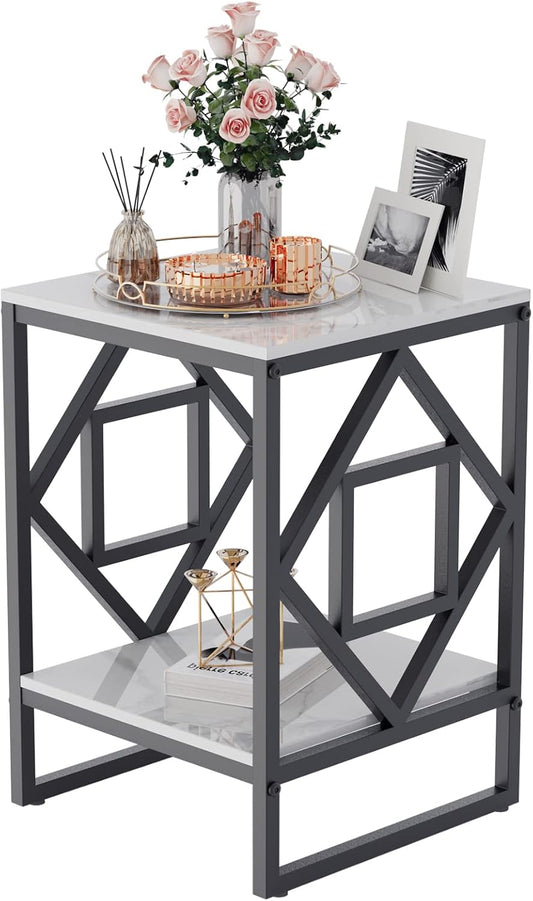 FATIVO Bijzettafel nachtkastje salontafel marmer: 2 planken wit marmer tafelblad - Scandinavische salontafel met zwart metalen frame - voor woonkamer sofa slaapkamer bed 40×40×58cm