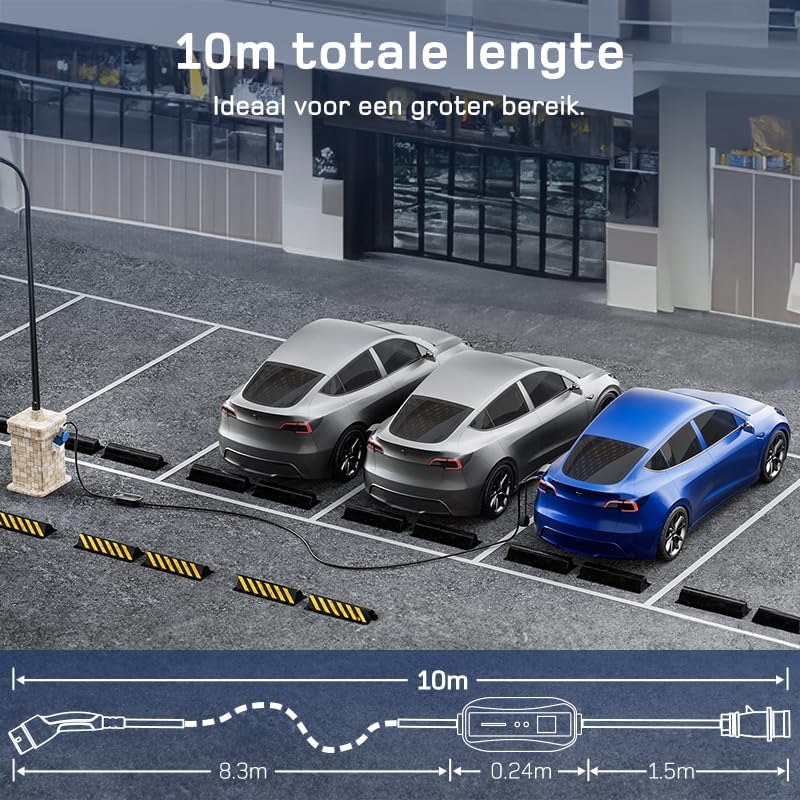 dé EV Oplader Type 2 7,4kW CEE [1-Fase| 10m| 6-32A] met Schuko-adapter, EV Lader CEE 7,4kW, met Digitale LCD-Bediening Compatibel met Model Y/3, 500e, e-208 en andere EV/PHEV