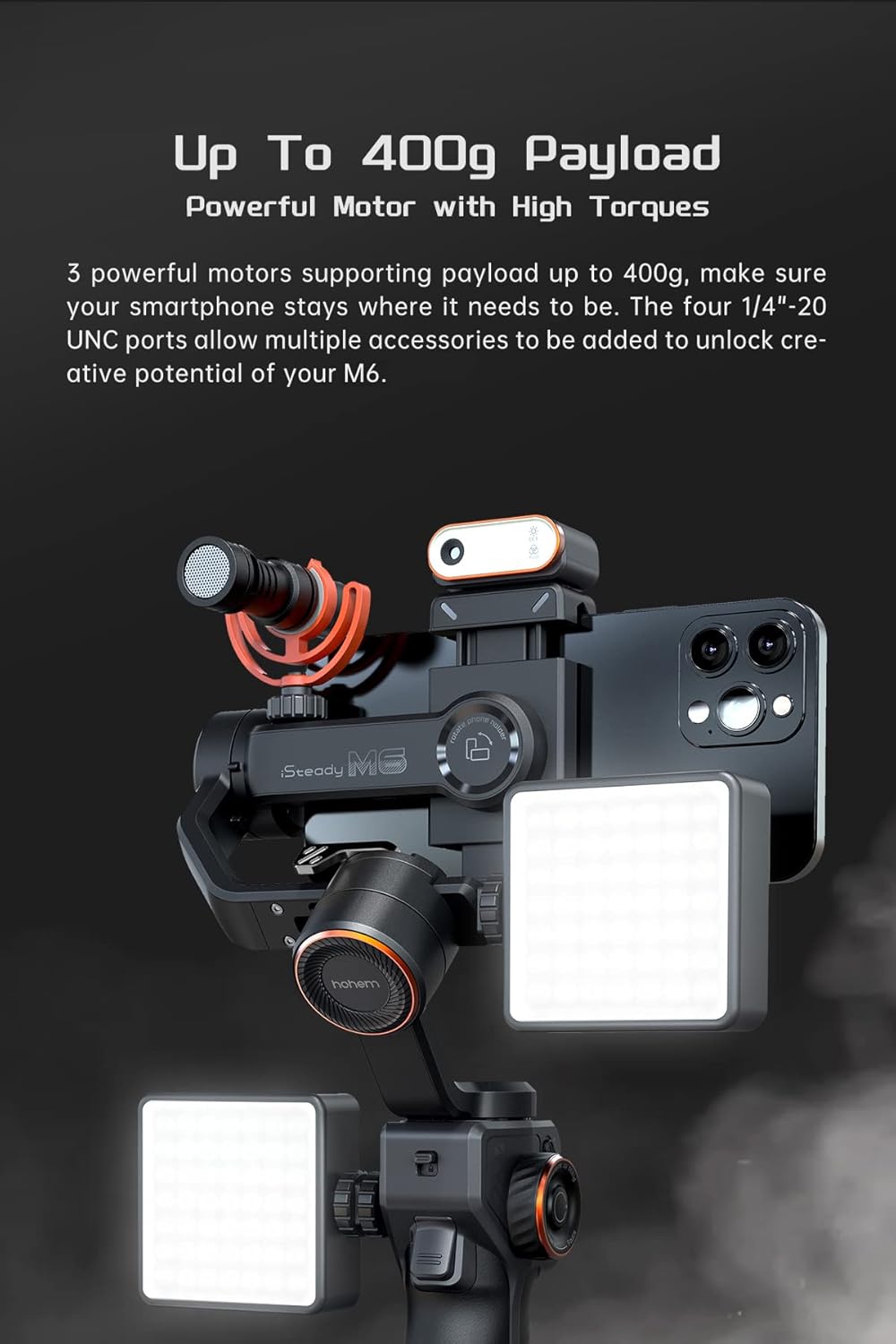 hohem iSteady M6 Gimbal Stabilizer voor Smartphone, 3-assige mobiele telefoon Gimbal Ingebouwde OLED-display 400g Payload Reverse Charging Android en iPhone Stabilizer met Inception Motion Timelapse