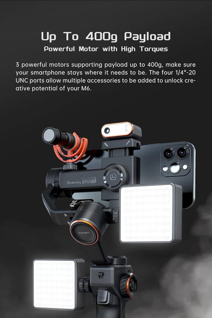 hohem iSteady M6 Gimbal Stabilizer voor Smartphone, 3-assige mobiele telefoon Gimbal Ingebouwde OLED-display 400g Payload Reverse Charging Android en iPhone Stabilizer met Inception Motion Timelapse