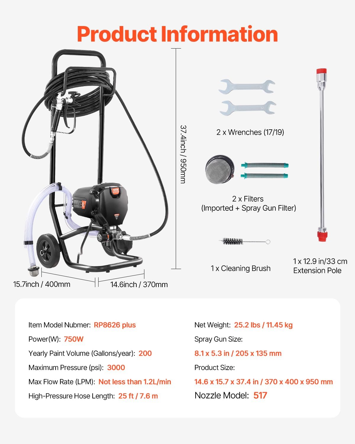 VEVOR Spuitverfsysteem, 750 W, 3000 psi, zonder lucht, met trolley, verfpistool met slang, 7,6 m, 1,2 l/min, voor schilderen binnen en buiten, benodigdheden voor hekken
